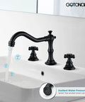 3 Hole Widespread Matte Black Bathroom Faucet With Double Cross Handles Deck Mount Vanity Sink Mixer Tap For Hot And Cold Water Matching Pop Up Drain Vintage Boss Look installed on sink