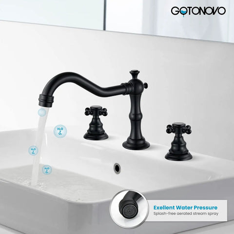 3 Hole Widespread Matte Black Bathroom Faucet With Double Cross Handles Deck Mount Vanity Sink Mixer Tap For Hot And Cold Water Matching Pop Up Drain Vintage Boss Look installed on sink