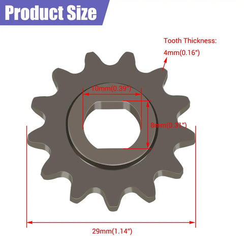 Dimensions of 13 tooth motor sprocket from 25h Chain Sprocket Kit with 132 Link Chain and 25h Chain Tensioner for Razor MX650 MX500