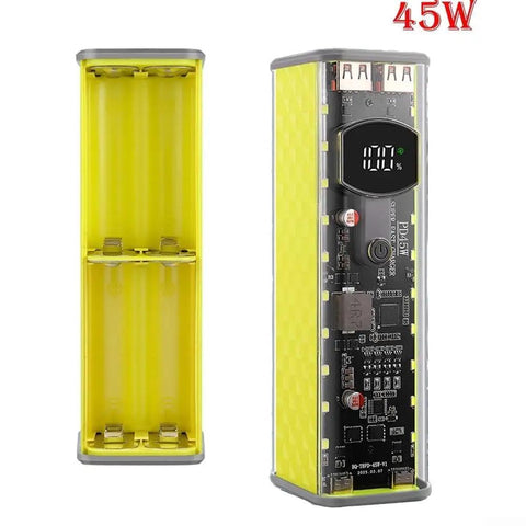 Effortless No Sweat Solderless DIY Power Bank Enclosure Holds Eight 18650 Batteries In Transparent ABS Case Featuring Killer 45 Watt Fast Charging For A Truly Sweet Custom Build - Yellow design with open and electronic display.