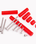 Heavy Duty Outlet Spacers And Screw Mount Kit Featuring Top Shelf Silicone And Corrosion Resistant Steel Build For A Quick Six Thirty Two Thread Fit That Makes Rough Electrical Jobs Sweet And Simple, showing red silicone spacers and stainless screws.