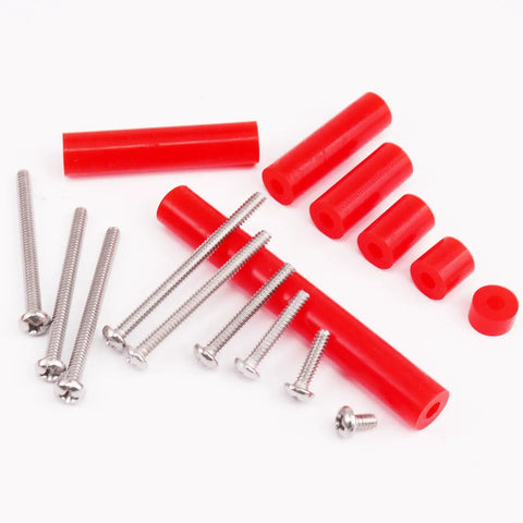 Heavy Duty Outlet Spacers And Screw Mount Kit Featuring Top Shelf Silicone And Corrosion Resistant Steel Build For A Quick Six Thirty Two Thread Fit That Makes Rough Electrical Jobs Sweet And Simple, showing red silicone spacers and stainless screws.