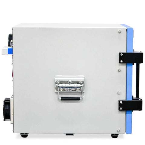 Side view of Pro Grade RF Shield Box 0.8-8 GHz Manual Shield Chamber with a cooling fan, five RF baffles, and EMI filter.