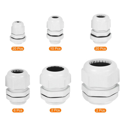 Image of 60 Piece Nylon Cable Gland Kit with different sizes of grey connectors for durable electrical sealing and easy assembly.