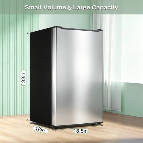 Effortless 3.6 Cu Ft Upright Freezer Glossy Silver with dimensions 33in height and 18.5in width, compact and space-saving.