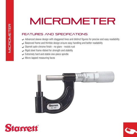 Tube Micrometer With One Piece Spindle For Fast Pro Grade Precision On 0 To 1 Inch Range Satin Chrome Finish And Quick Adjustment Sleeve Design Built To Last Heavy Duty Steel Frame Rust Resistant 569AXP