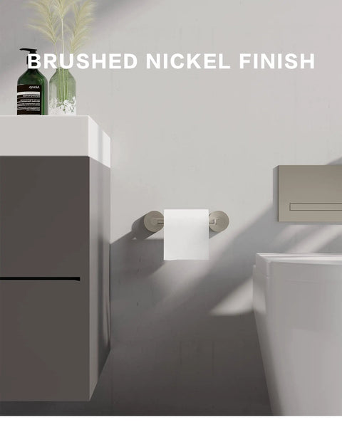 Pivoting Toilet Paper Holder With Double Post Mount In Brushed Nickel And Satin Nickel Finish wall mounted in bathroom setup.