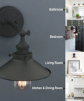 Industrial Wall Sconce Set With Vintage Vibe, 1 Light, Black Metal Shade, 8.1 Inch Diameter, E26 Base, shown in various room settings