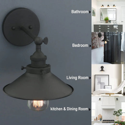 Industrial Wall Sconce Set With Vintage Vibe, 1 Light, Black Metal Shade, 8.1 Inch Diameter, E26 Base, shown in various room settings