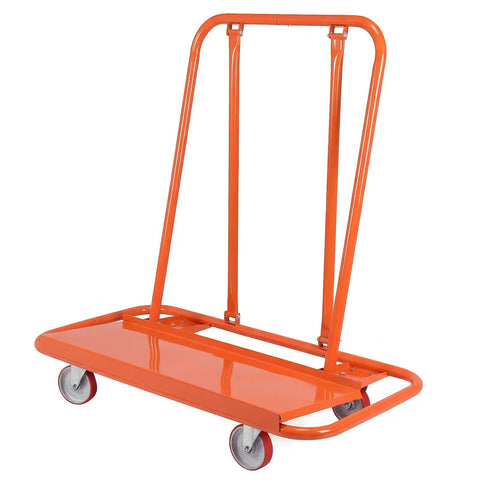 Heavy Duty Wall Panel Trolley Drywall Sheet Cart With Rock Solid Steel Frame Detachable Design For Warehouse And Construction Job Sites High Capacity Built Tough For The Daily Grind, orange steel frame with wheels.