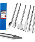 7 Piece SDS Plus Chisel Set With Case For Concrete Tile And Masonry 10 Inch Rotary Hammer Chisels displayed with blue case