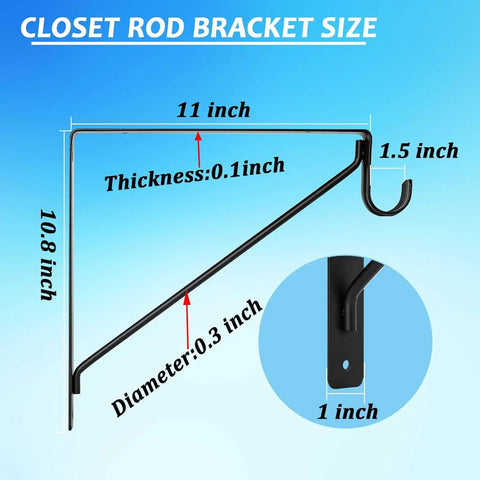 Dimensions of Super Strong 4 Pack Heavy Duty Closet Shelf Rod Brackets Holding 300 Pounds 11 Inch Wall Mounted Black Steel Shelving