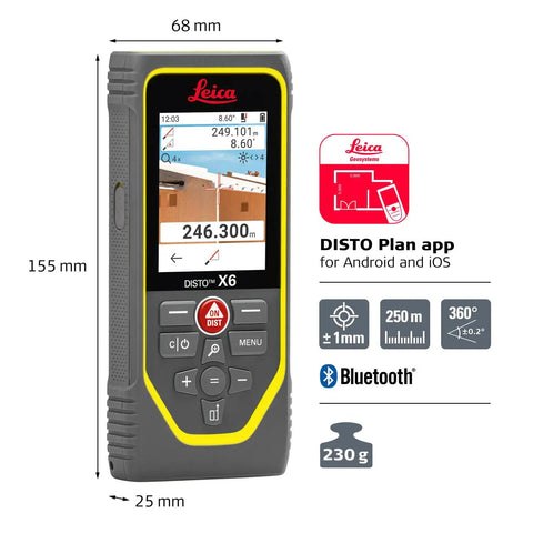 Disto X6 Laser Distance Measurer With 800 Ft Range And Pointfinder Camera Bluetooth Data Transfer 4X Zoom Viewfinder Outdoor Tough IP65 Dust Water Shock Protection P2P Tech Smart End Piece And Rotating Display, front view, 68 mm wide