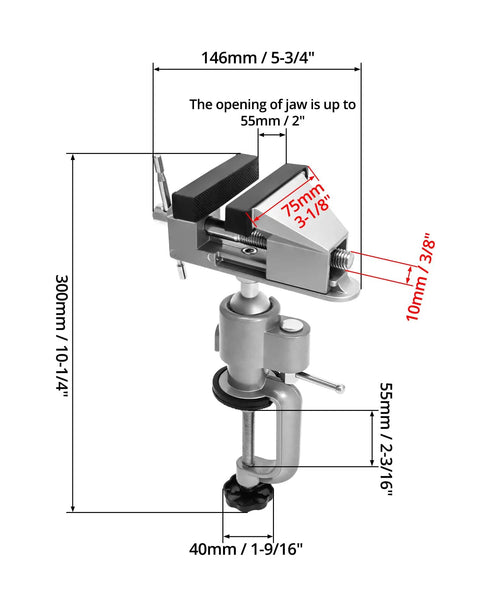 Two Pack 3 Inch Universal Tabletop Clamp Vise with 360 Degree Rotation and 45 Degree Tilt Built to Last And Fully Portable Workbench Vise diagram