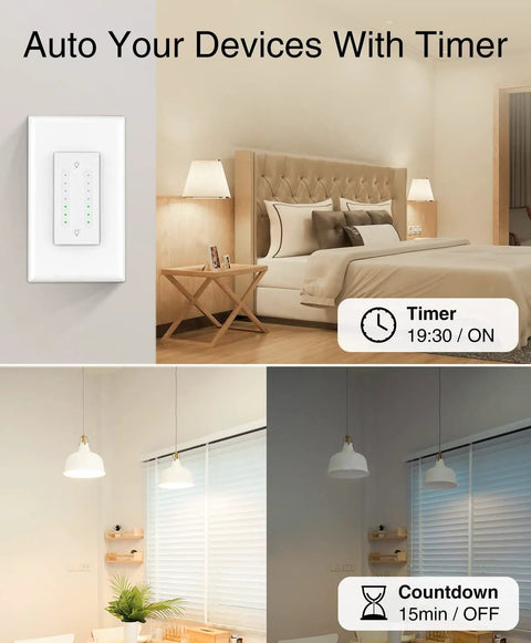 Dual Dimmer Switch With Alexa And Google Home Voice Ready Control for bedroom and kitchen lighting with timer feature.