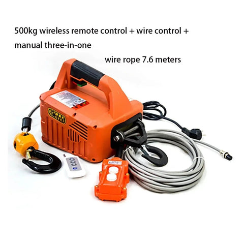 Heavy Lift Beast 500kg Electric Hoist And Portable Hand Winch Pair With 25 Foot Steel Cable showing 500kg winch with remote and manual controls.