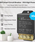 High Power 30A WiFi Smart Switch 110V 120V 240V with App Remote and Timer, front view with control modes and connection ports visible