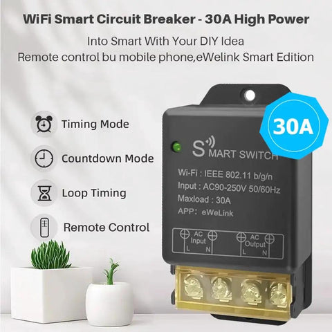 High Power 30A WiFi Smart Switch 110V 120V 240V with App Remote and Timer, front view with control modes and connection ports visible