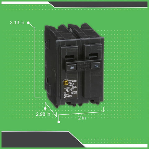 30 Amp Two Pole Surge Circuit Breaker For 120/240V Home Panels, 10kA Interrupting Rating, Standard Type, side view with dimensions