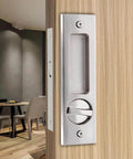 Privacy Pocket Door Lock Hardware For Sliding And Barn Doors, Invisible Mortise Lock, Brushed Nickel Finish on wooden door