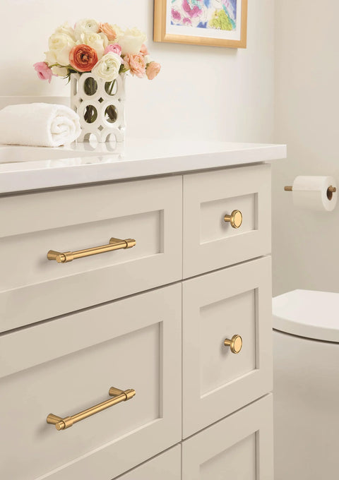 Champagne Bronze Destine Cabinet Pull 5-1/16 Inch Center-To-Center on bathroom drawers in modern setting