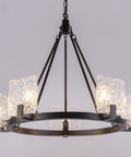 5 Light Black Farmhouse Chandelier for Dining Room and Foyer, rustic round wagon wheel pendant light with glass shades