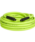 Half Inch By Fifty Foot Hybrid Air Hose With Three Eighths Inch MNPT Fittings coiled ZillaGreen with abrasion resistant bend restrictor