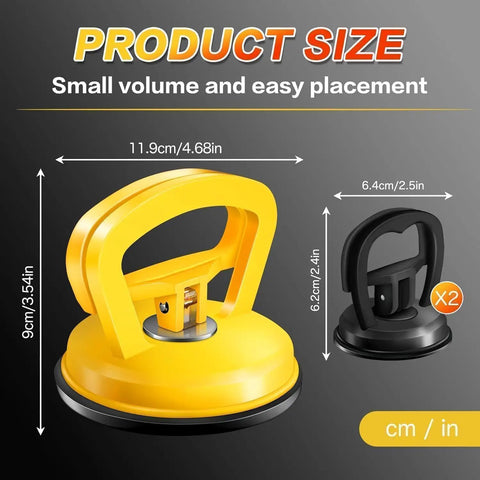 Three Pack Car Dent Repair Tool Kit With Powerful Suction Cup Dent Pullers, Includes One 4.5 Inch Large Puller And Two 2.2 Inch Small Repairers, Great For Car Body Dents And Auto Body Repair Projects. Yellow and black suction cup dent pullers with size labels.