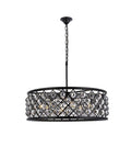 Eight Light Crystal Pendant Lamp Mocha Bronze Polished Nickel Ceiling Fixture Hand Forged Iron Grid Royal Cut Clear Glass Orbs, viewed from the side.