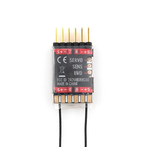 Close-up of 2.4GHz ANT Protocol 8CH RC Receiver with dual antennas and PWM outputs for Flysky FS-ST8.