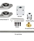 3D Printer Lead Screw T8 8Mm OD 2Mm Pitch With Horizontal Nut Set and accessories, nut seat, brackets, screws, flexible coupling