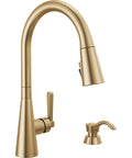Modern Single Handle Kitchen Sink Faucet With Pull Down Spray Head And Built In Soap Dispenser, Magnetic Self Docking, Brushed Gold Finish, Single Hole Mount. Brushed gold finish with integrated soap dispenser.