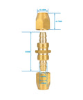 Solid Brass Air Hose Splicer Kit For One Quarter Inch ID Hose, Reusable Repair Fitting With Two Nuts, shown disassembled with dimensions