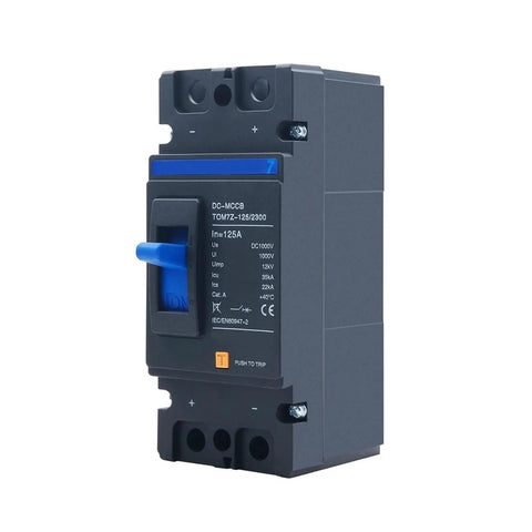 Top Shelf 2 Pole DC Circuit Breaker 1000V MCCB for solar use, 125A rated, ideal for outdoor systems and panel mounting.