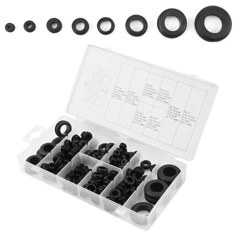 Top Notch Soft Plastic Grommet Kit Featuring 8 Sizes For Pipes Hydraulic Air Gas Lines Plus Pvc Snap Shut Cable Protection Assortment To Keep Your Wires Safe And Sound On Any Serious Job Site Today. black plastic grommets in organizer box