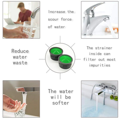 10 Pack Faucet Aerator Replacement Inserts With Rubber Washers M22 M24, benefits illustration for water-saving and impurities filtering