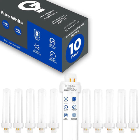 G24Q-3 4 Pin CFL Light Bulbs 26 Watt Daylight 5000K 1800 Lumens Double Tube Plug In Easy Install 10 Pack product image