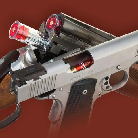 Shotgun Snap Caps 12 Gauge With False Primer Reusable Dry Fire Practice Aids in gun chamber and breech view.