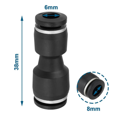 20 Pack 6mm to 8mm Black Straight Reducer Push to Connect Pneumatic Fittings Quick Release Air Connectors front view