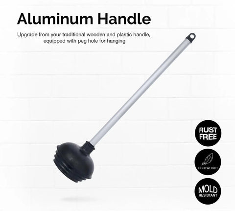 Heavy Duty Toilet Plunger With All Angle Design And Aluminum Handle Patent Pending Clog Buster For Bathrooms Fits Any Toilet Bowl Black 1 Pack Ideal For Home Upgrades Quick Clog Busting And Everyday Bathroom Use in focus showcasing its rust-free aluminum handle on white background.