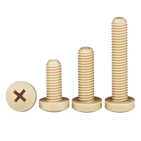 Heavy Duty PEEK Phillips Pan Head Machine Screws M1.4x6mm in various lengths, ideal for high heat and moisture exposure.