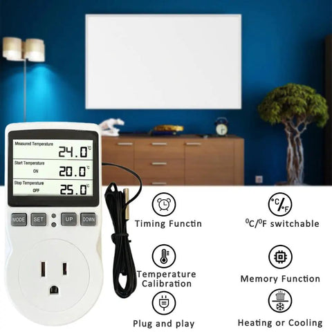 Plug In Digital Thermostat Temperature Controller For Space Heater And Infrared Heater Heavy Duty Outlet, LCD screen, features displayed