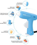 Fast Heating Mini Hot Glue Gun Kit With Anti Scald Nozzle, includes diagrams showing features like ergonomic grip and 30 sticks