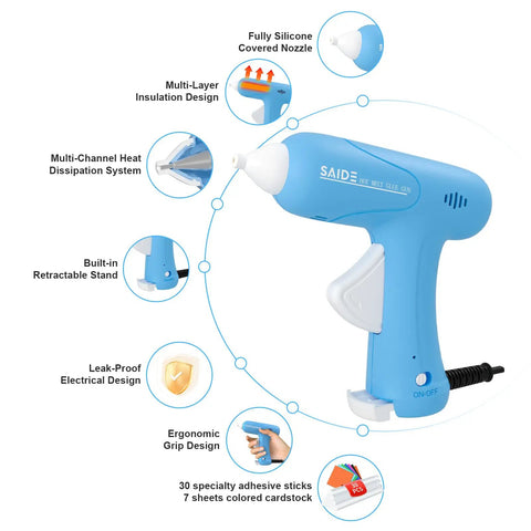 Fast Heating Mini Hot Glue Gun Kit With Anti Scald Nozzle, includes diagrams showing features like ergonomic grip and 30 sticks