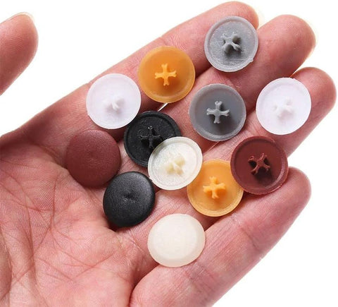 Assorted 100 Piece White Screw Cap Covers Kit For Phillips And Self-Tapping Screws, 11mm plastic hole caps in hand