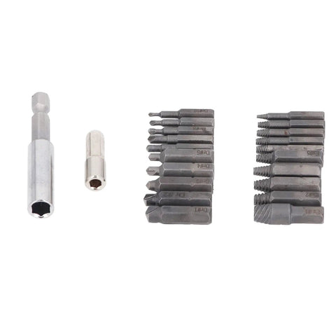 22 Piece Broken Bolt Remover Kit And Damaged Screw Extractor Set Made Of High Speed Steel For Effortless Removal Of Stripped Hex Screws With Two Drill Bit Holders Built Tough To Last Through Any Gnarly Mechanic Job. 22-piece HSS extractor bits and holders
