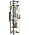 Freestanding Coat Rack With 3 Storage Shelves And 12 Hooks, Industrial Hall Tree Organizer, Rustic Brown Finish, clothes hanging.