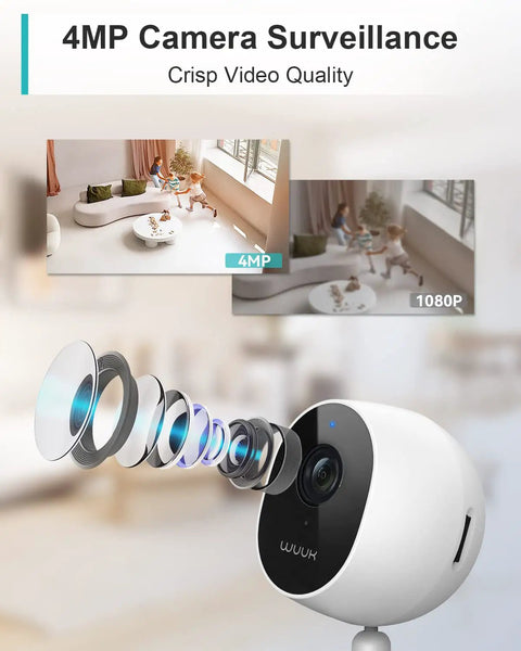 4MP Indoor Security Camera With Night Vision And 135 Degree Wide View Perfect For Pet And Baby Monitoring Motion And Human Detection Two Way Audio 24 Seven Live View Magnetic Stand Works With Alexa And Google Home lens illustration, showing crisp video quality comparison.