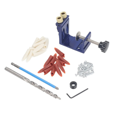 Mini Pocket Hole Jig Kit Set for Woodworking includes jig, drill bits, screws, dowels, and wrench, Pro Grade Aluminum Alloy.