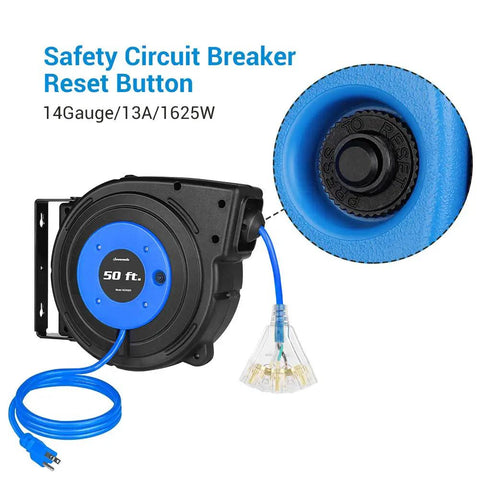 Retractable Extension Cord Reel With 50 Ft Heavy Duty Power Cord 14 AWG 3 Conductor SJTOW Three Grounded Outlets Lighted Triple Tap
